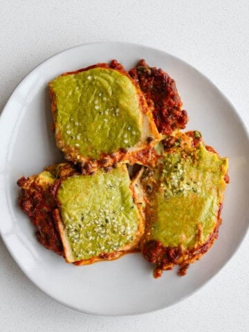 Zucchini Lasagna (Vegan, High Protein & No Noodles) on a white plate.