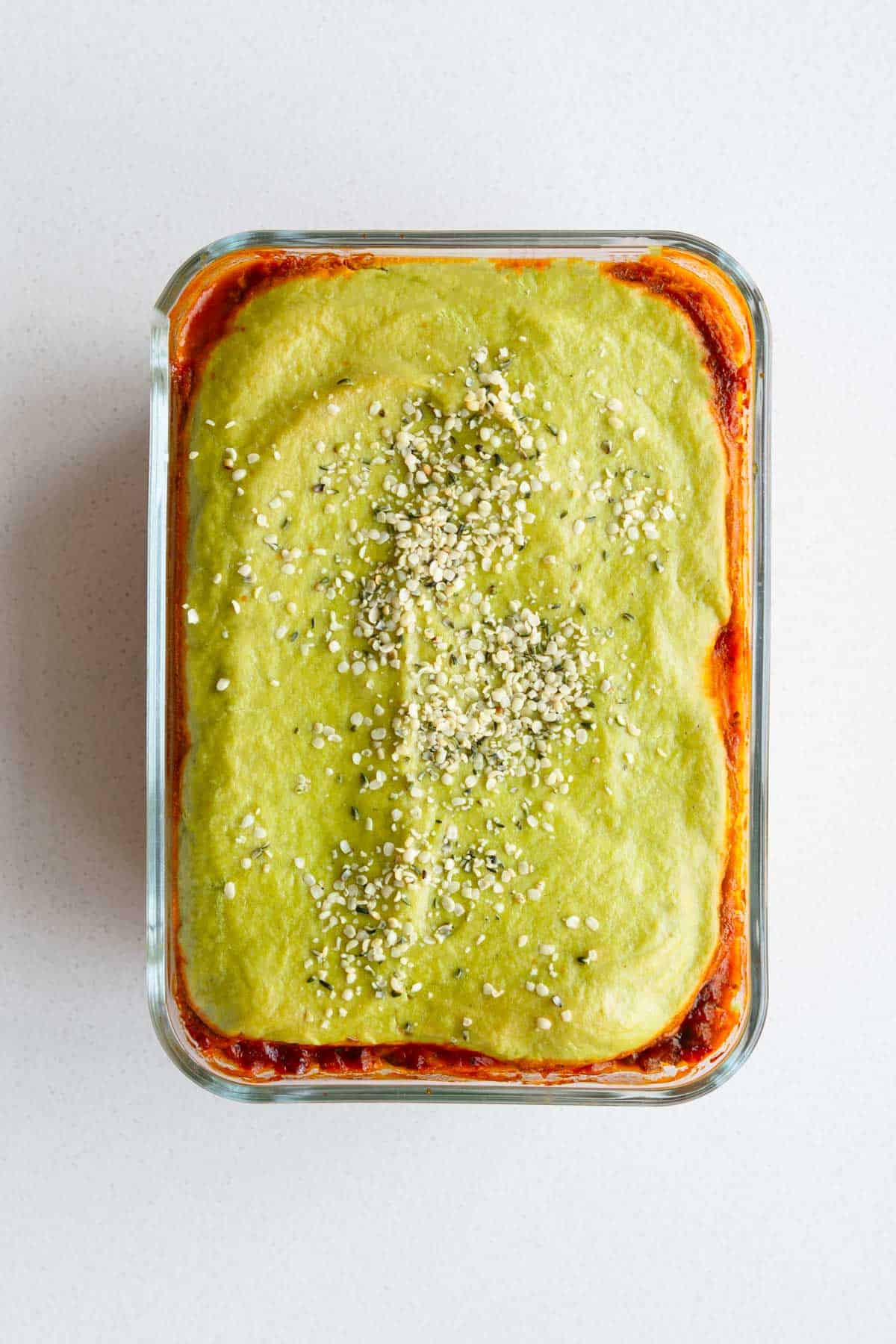 Baked Zucchini Lasagna (Vegan, High Protein & No Noodles) in a baking dish.