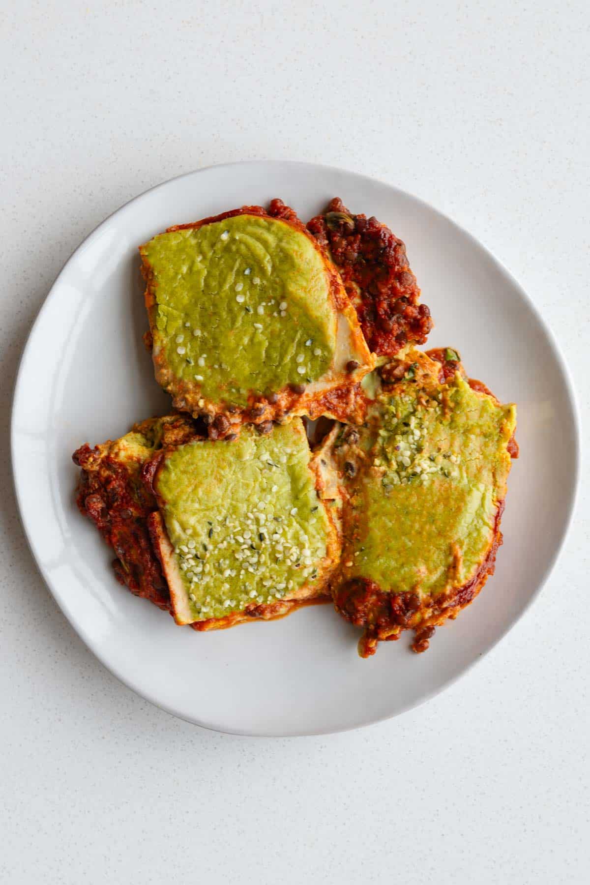 Zucchini Lasagna (Vegan, High Protein & No Noodles) on a white plate.