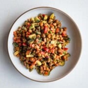 Chickpea and edamame salad in a bowl.