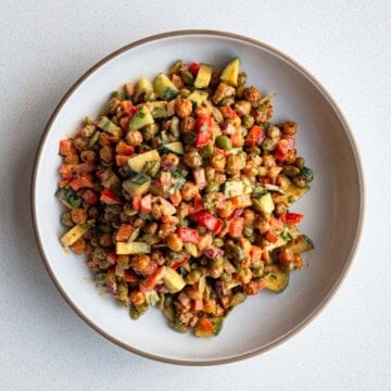 Chickpea and edamame salad in a bowl.