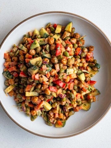 Chickpea and edamame salad in a bowl.