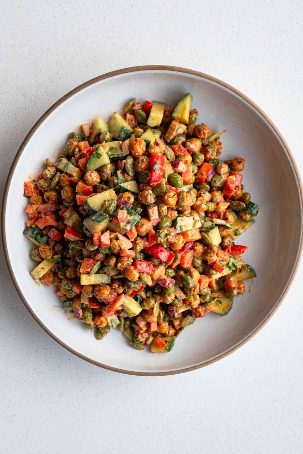 Chickpea and edamame salad in a bowl.