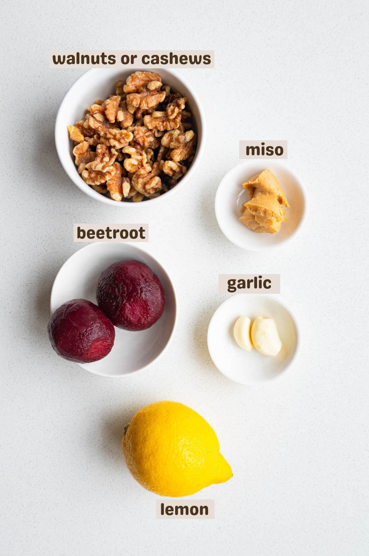 Walnuts, miso, lemon, garlic, and beets.