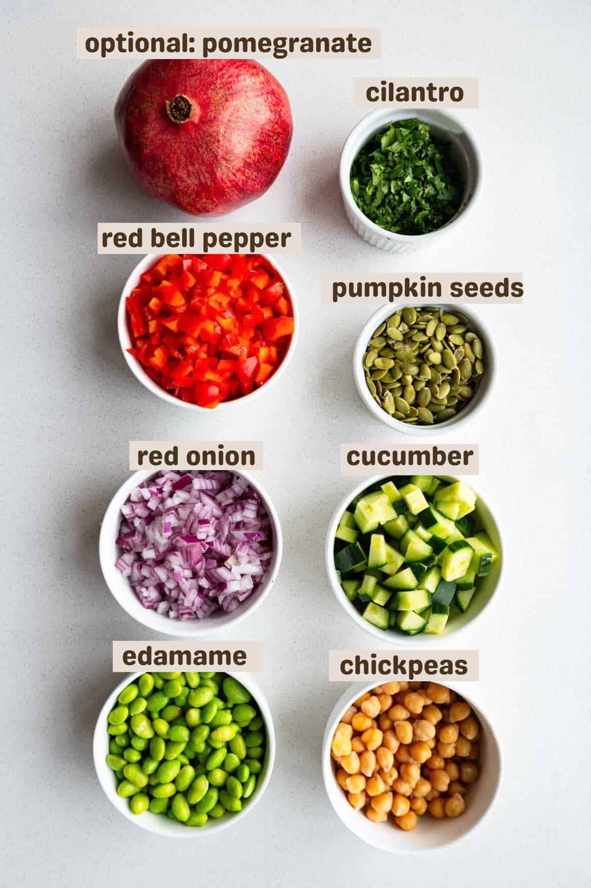 Pomegranate, cilantro, red bell pepper, pumpkin seeds, red onion, cucumber, edamame, and chickpeas.