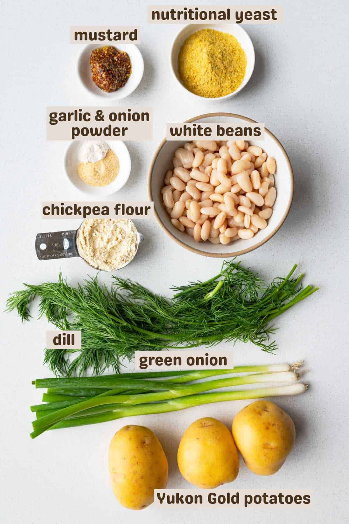 Yukon Gold potatoes, green onion, dill, chickpea flour, white beans, garlic and onion powder, nutritional yeast and mustard.