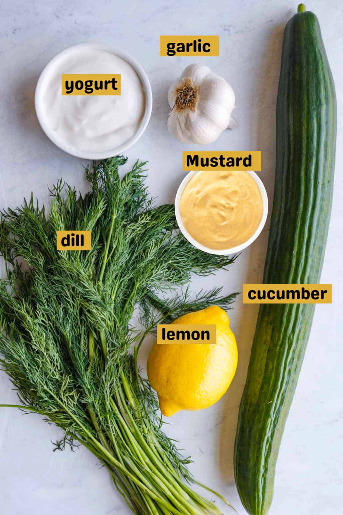 Vegan yogurt, cucumber, garlic, lemon, mustard, and dill.