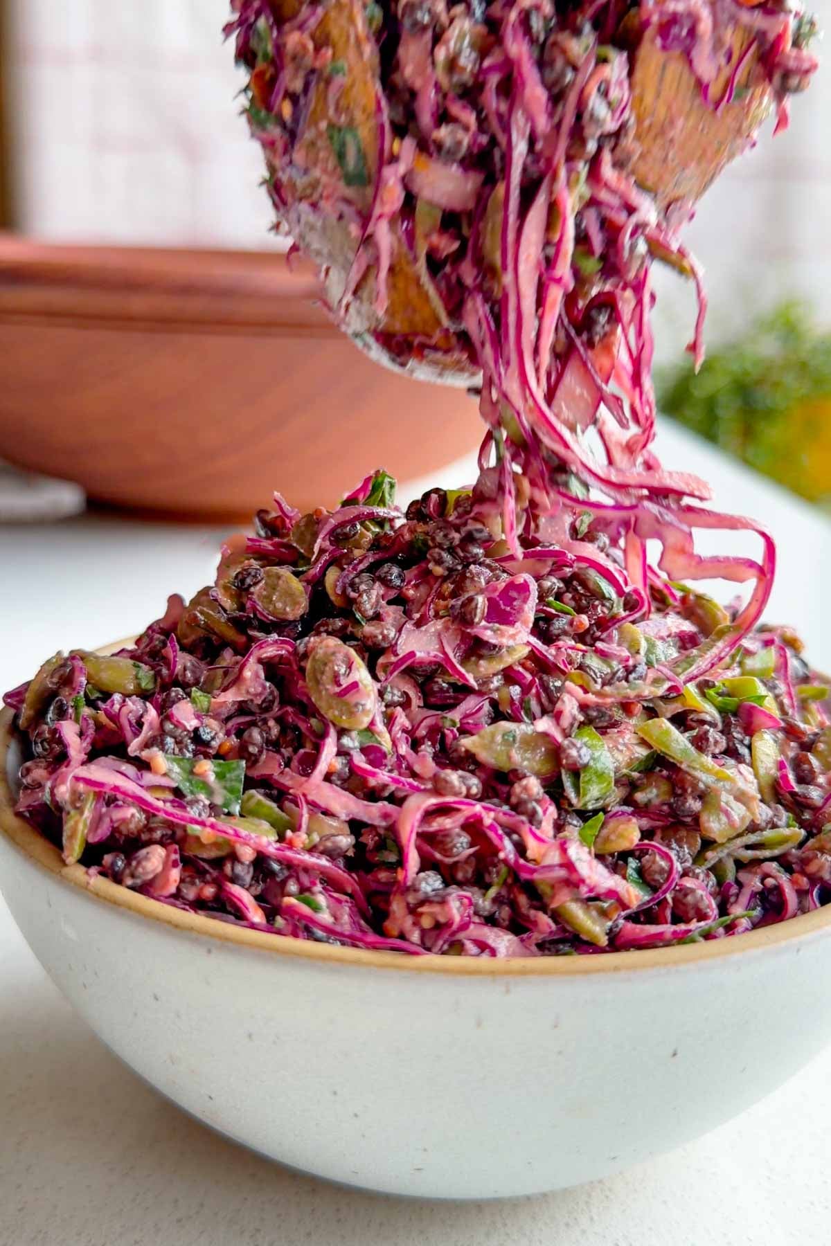 Iron-rich crunchy red cabbage lentil salad in a bowl.