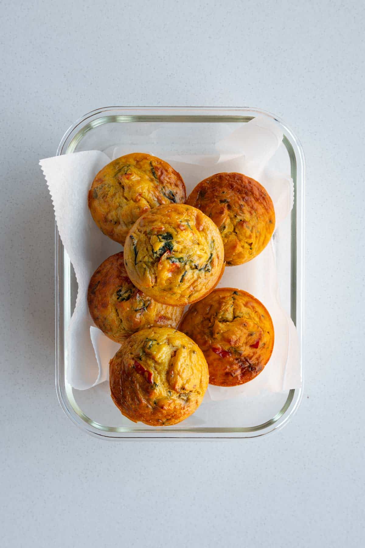 Mung Bean Vegan Egg Bites in a meal prep glass container.