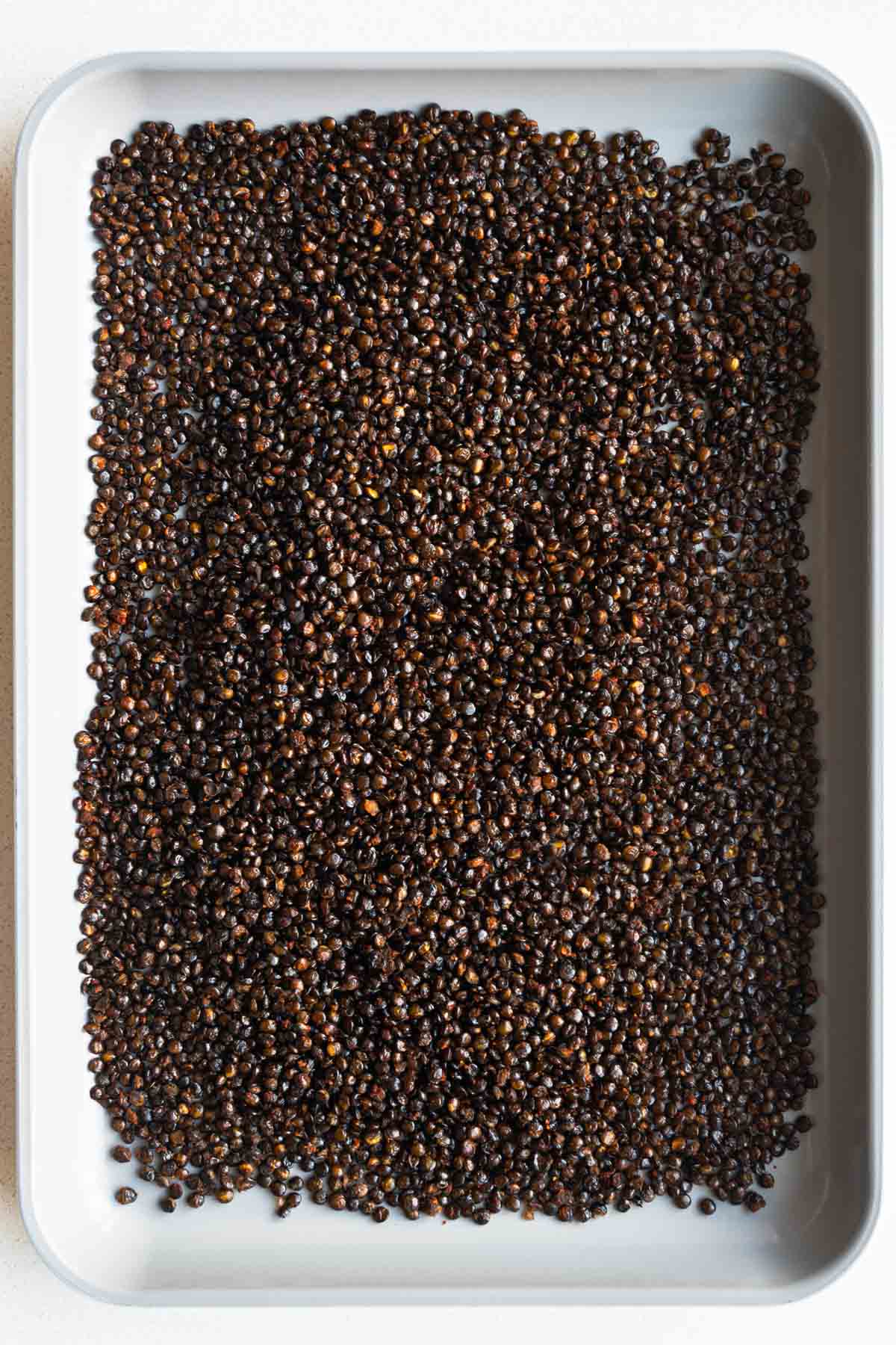 Crispy roasted black lentils in a baking sheet.