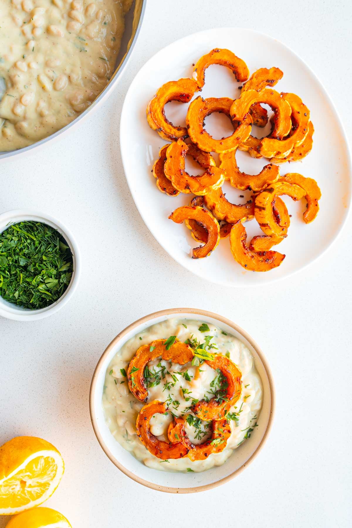 White beans in cauliflower cream sauce, Delicata squash, fresh herbs, and lemon.