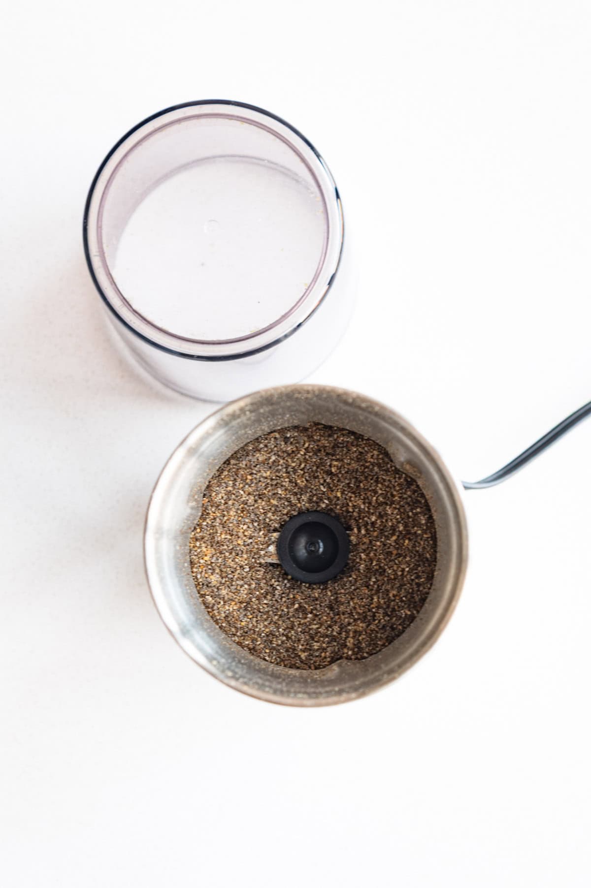 Ground chia seeds in a grinder.
