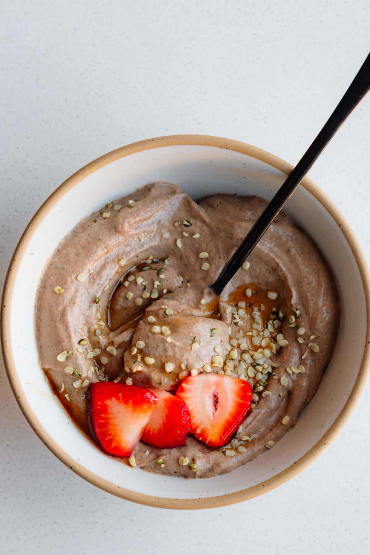 Silken tofu mousse topped with fresh strawberries.