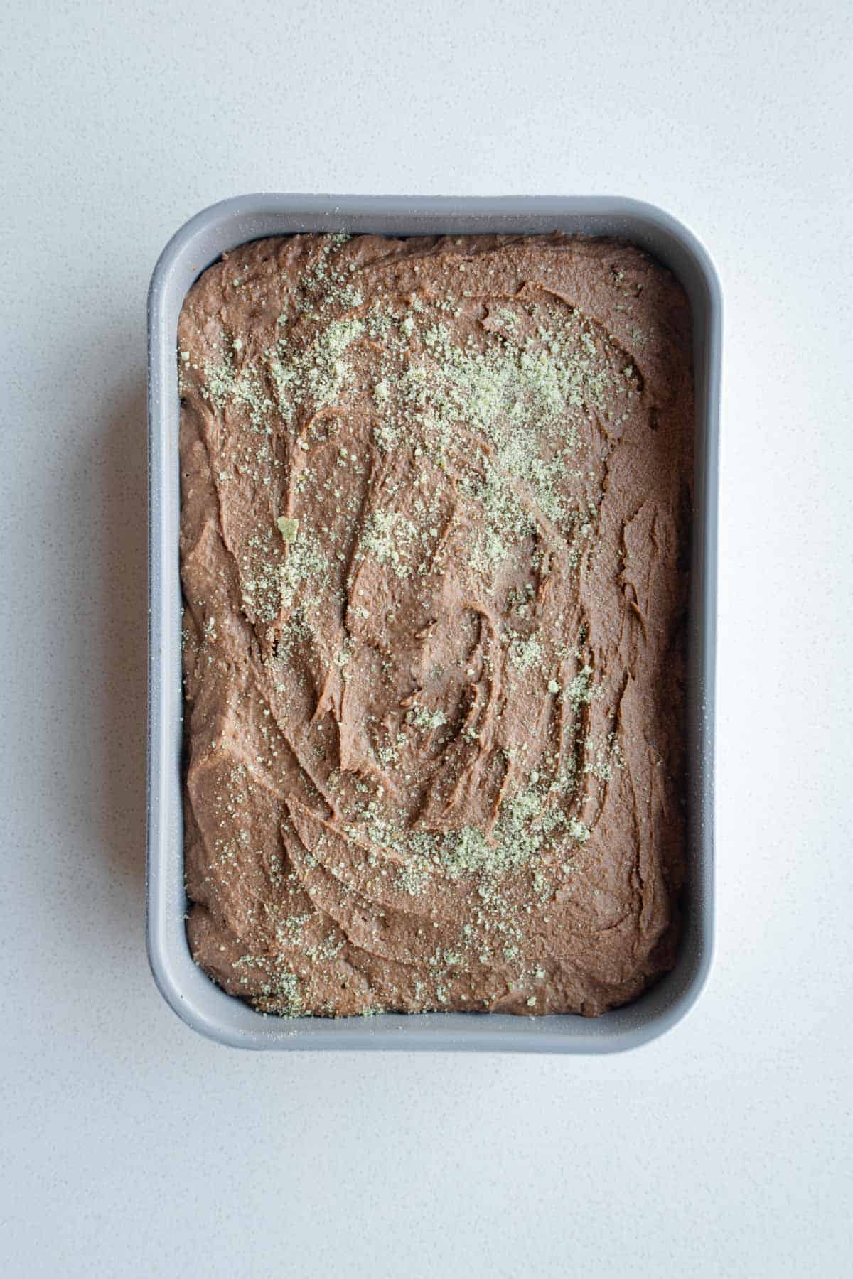 Batter for Vegan Banana Bread Tofu Brownies in a baking pan.