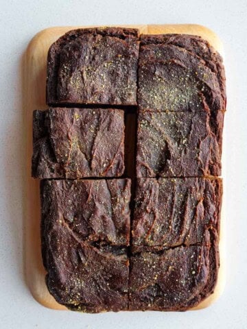 Vegan Banana Bread Brownies (With Tofu) sliced on a cutting board.