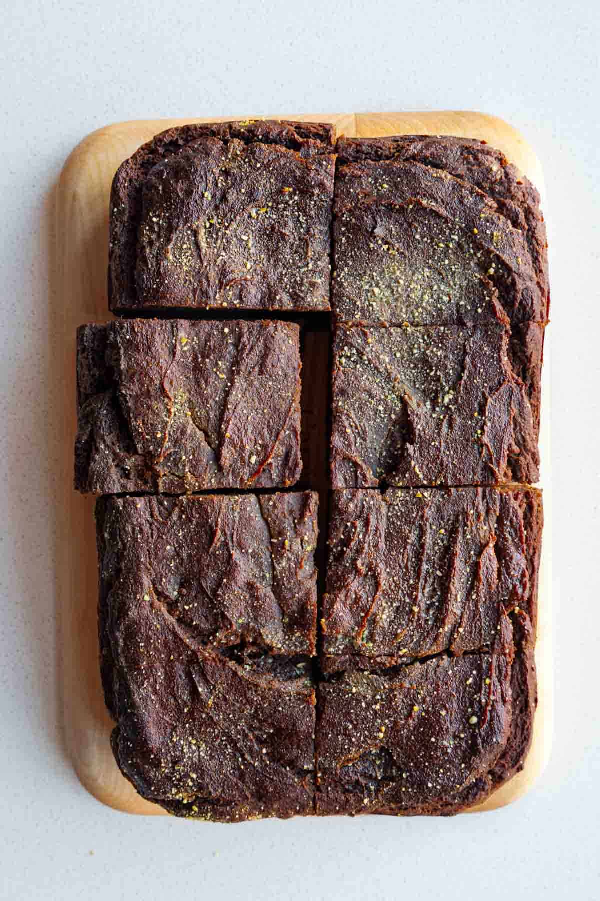 Vegan Banana Bread Brownies (With Tofu) sliced on a cutting board.