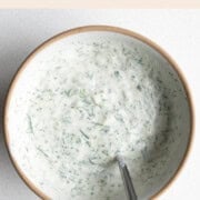 Vegan tzatziki gyro sauce in a bowl.